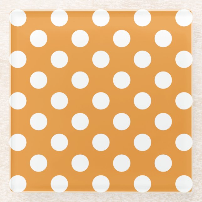 White polka dots on amber glass coaster (Front)