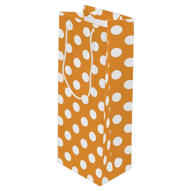 White polka dots on amber wine gift bag (Front Angled)