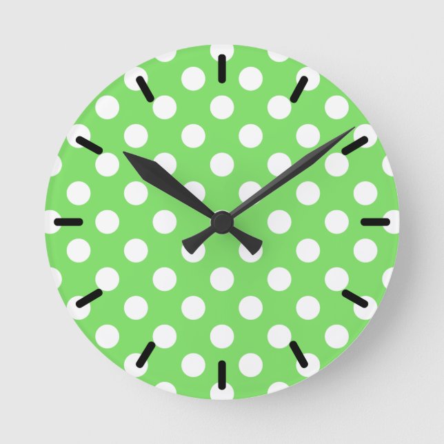 White polka dots on apple green round clock (Front)