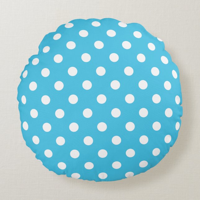 White Polka Dots on Aqua Blue Round Pillow (Front)