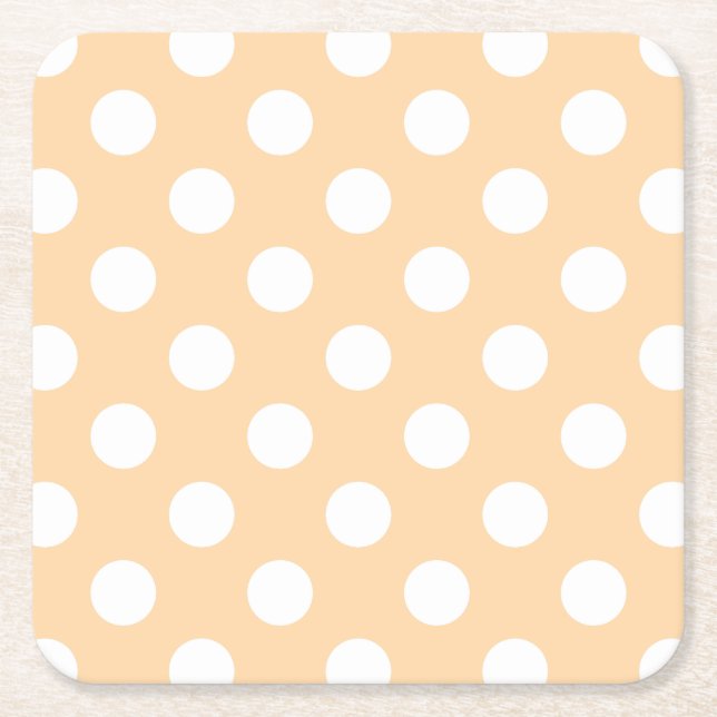 White polka dots on beige square paper coaster (Front)