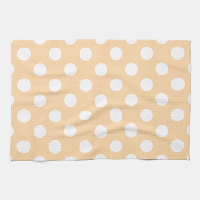 White polka dots on beige tea towel (Horizontal)