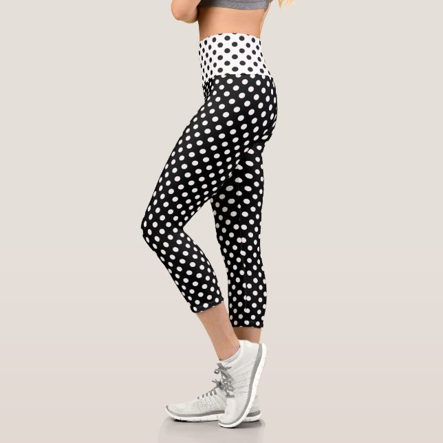 White Polka Dots on Black Background Capri Leggings (Left)