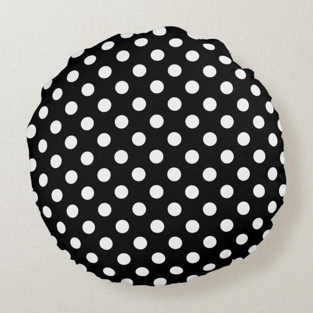 White Polka Dots on Black Background Round Cushion (Back)