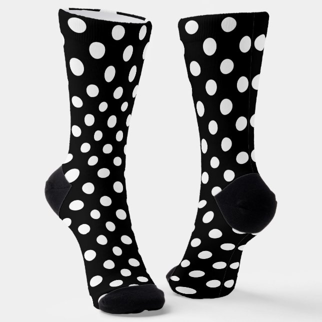 White Polka Dots on Black Background Socks (Angled)