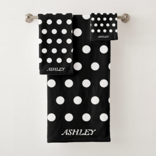 White Polka Dots on Black Bath Towel Set