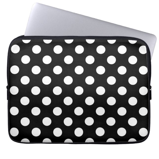 White polka dots on black laptop sleeve (Front)