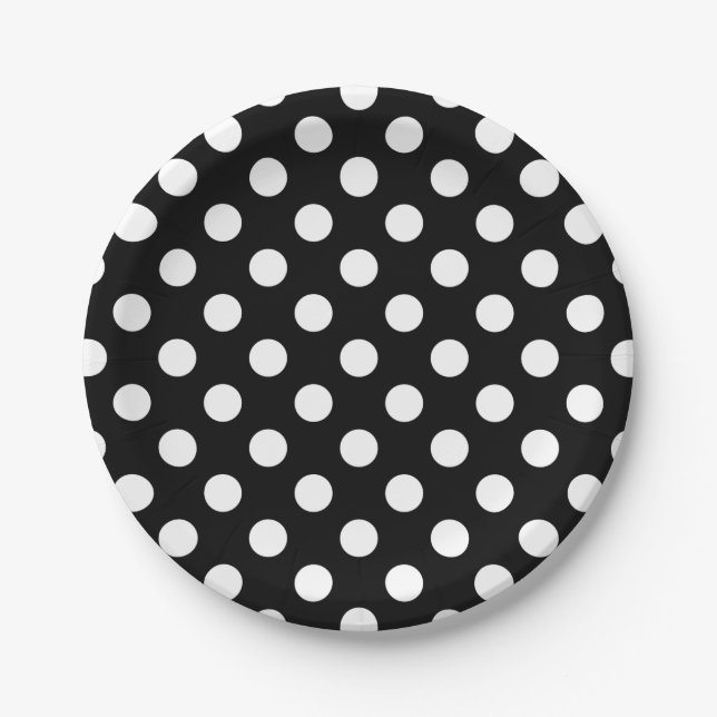 White polka dots on black paper plate (Front)