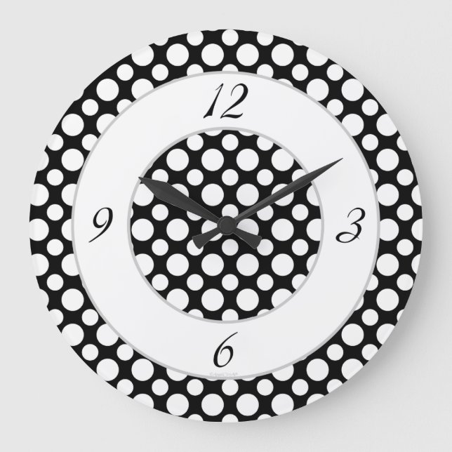White Polka-Dots on Black Script Numbers Clock (Front)