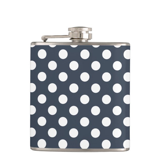 White polka dots on blue-grey hip flask (Front)