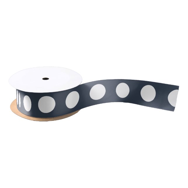 White polka dots on blue-grey satin ribbon (Spool)