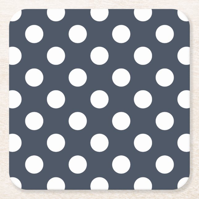 White polka dots on blue-grey square paper coaster (Front)