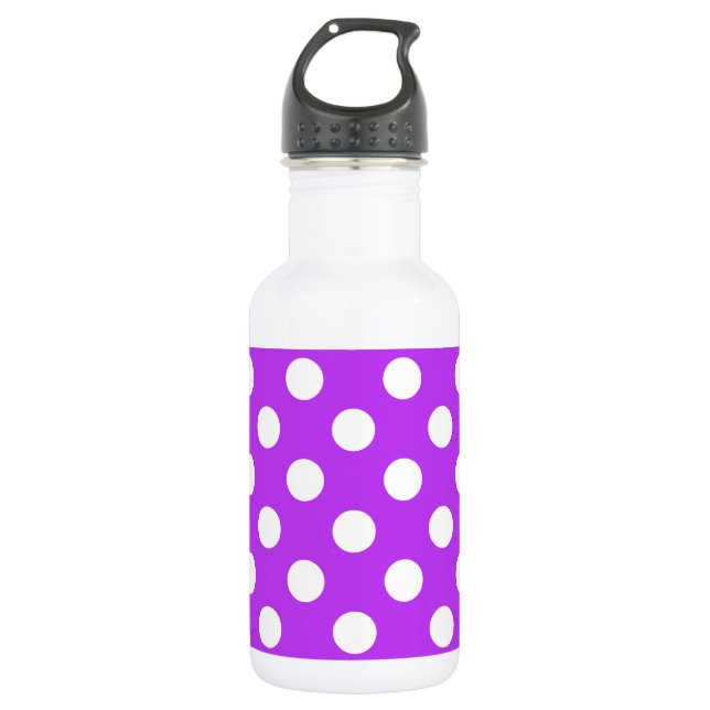 White polka dots on bright purple 532 ml water bottle (Front)
