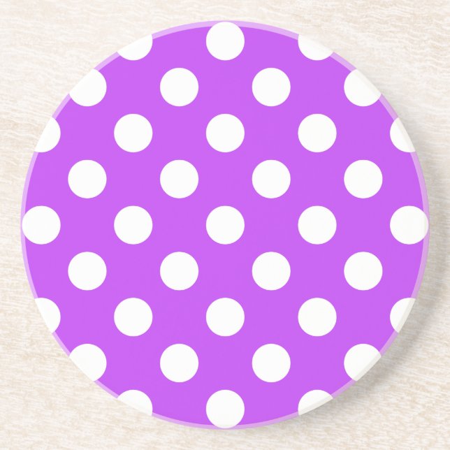 White polka dots on bright purple coaster (Front)