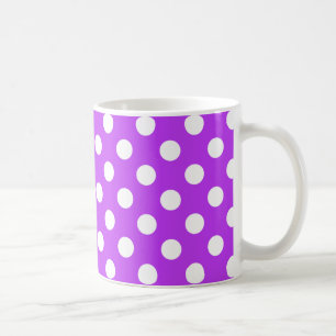 White polka dots on bright purple coffee mug
