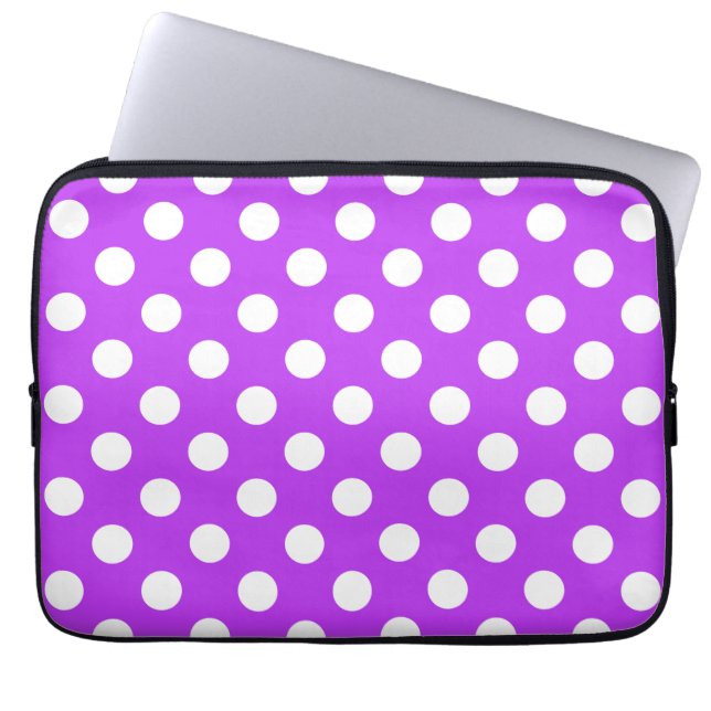 White polka dots on bright purple laptop sleeve (Front)