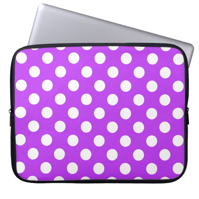 White polka dots on bright purple laptop sleeve (Front)
