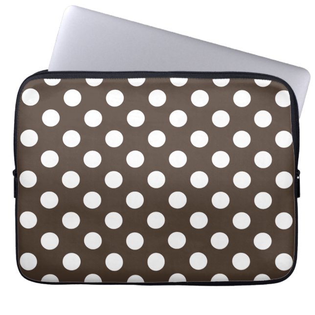 White polka dots on brown laptop sleeve (Front)