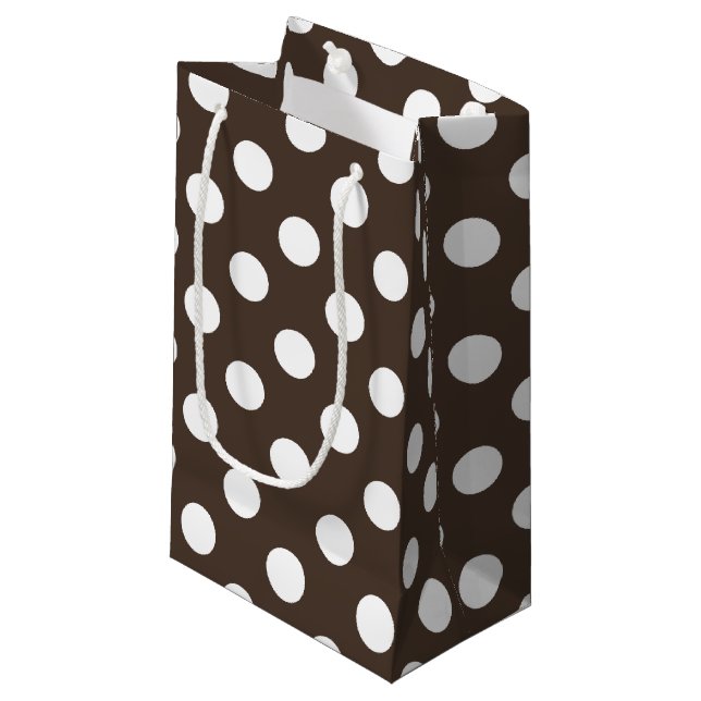 White polka dots on brown small gift bag (Front Angled)