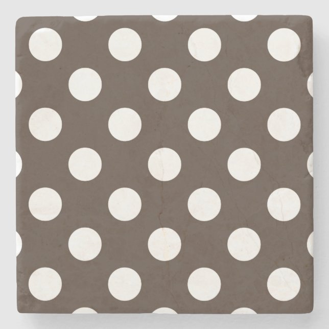 White polka dots on brown stone coaster (Front)