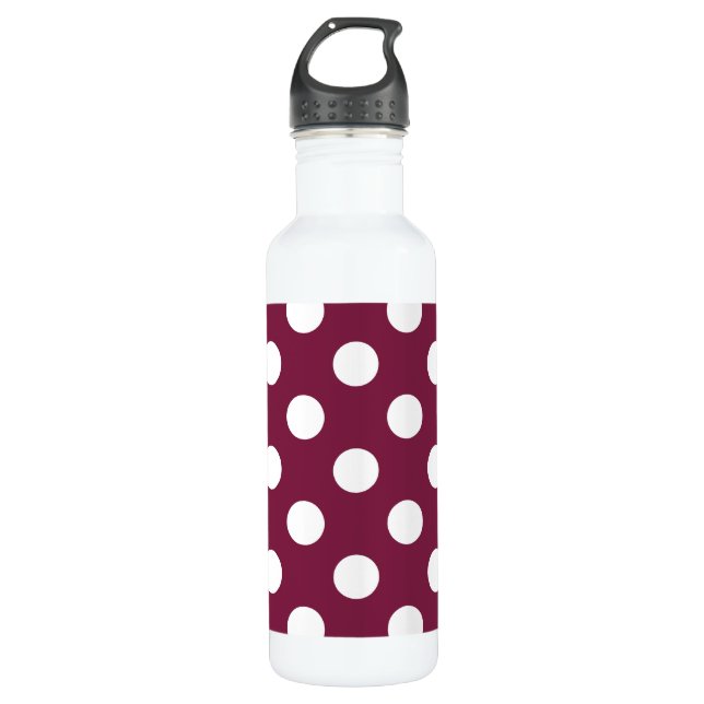 White polka dots on burgundy 710 ml water bottle (Front)