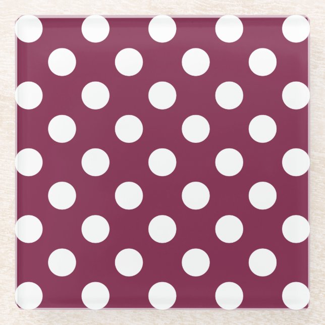 White polka dots on burgundy glass coaster (Front)