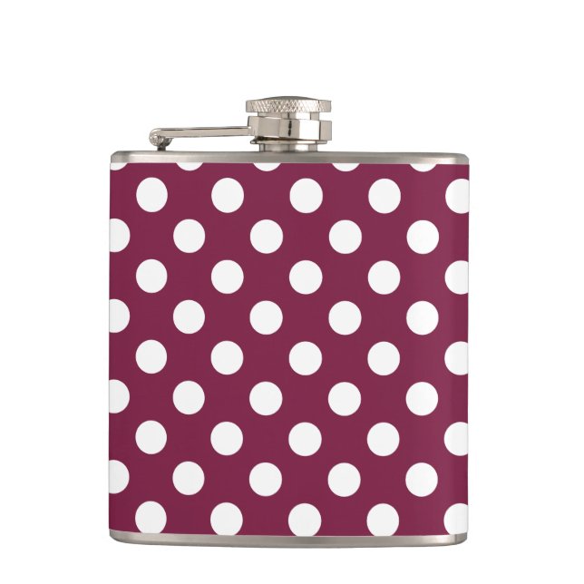 White polka dots on burgundy hip flask (Front)