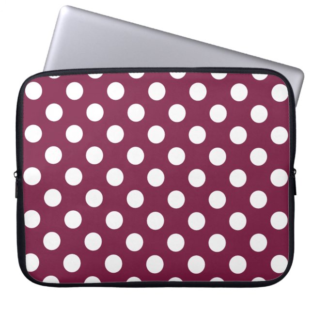 White polka dots on burgundy laptop sleeve (Front)