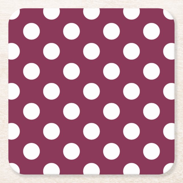 White polka dots on burgundy square paper coaster (Front)