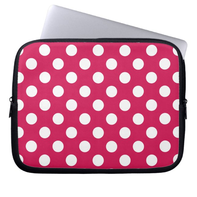 White polka dots on cerise laptop sleeve (Front)