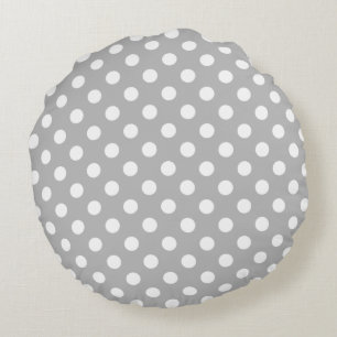 White Polka Dots on Chrome Grey Background Round Cushion