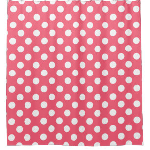 White polka dots on coral shower curtain