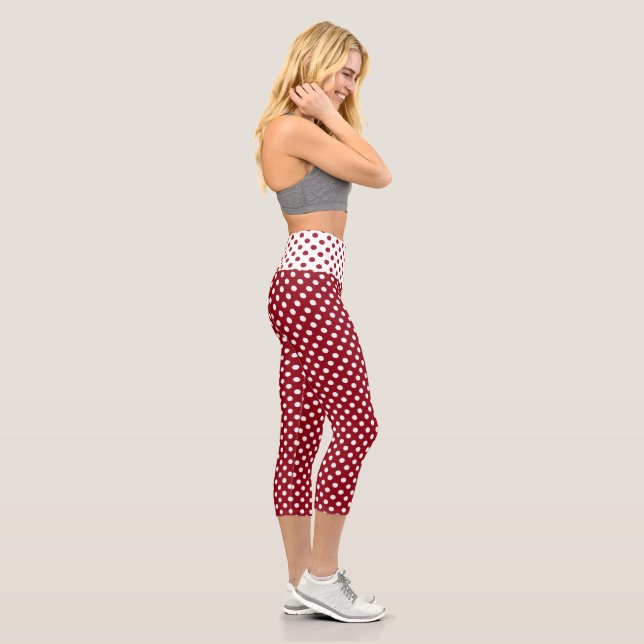 White Polka Dots on Crimson Red Capri Leggings (Right)