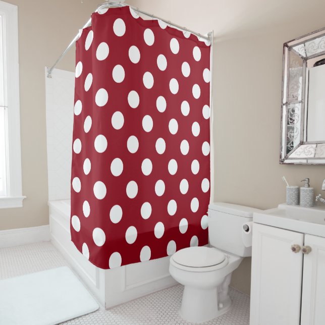 White Polka Dots on Crimson Red Shower Curtain (In Situ)