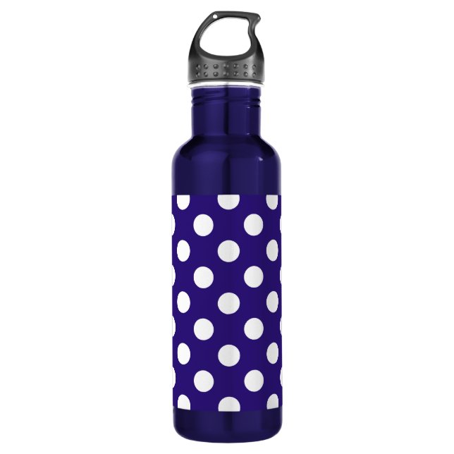 White polka dots on dark blue 710 ml water bottle (Front)