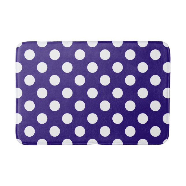 White polka dots on dark blue bath mat (Front)