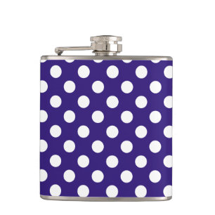 White polka dots on dark blue hip flask