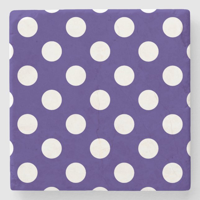 White polka dots on dark blue stone coaster (Front)