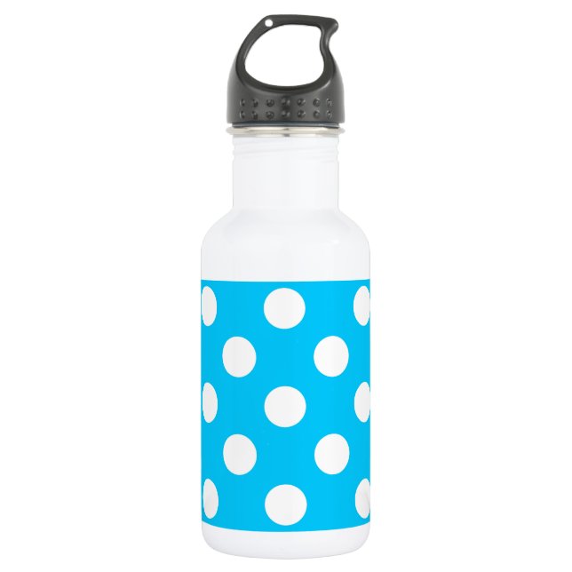 White polka dots on electric blue 532 ml water bottle (Front)