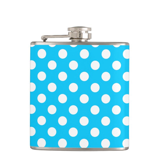 White polka dots on electric blue hip flask (Front)