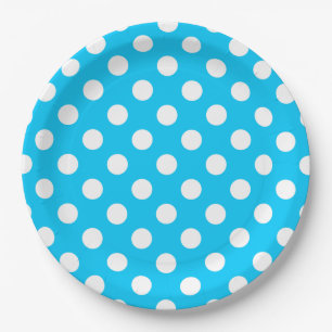 White polka dots on electric blue paper plate