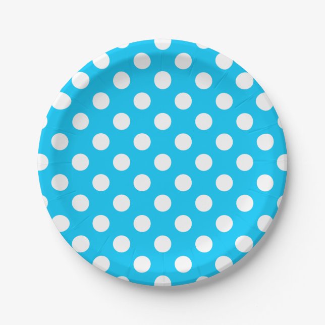 White polka dots on electric blue paper plate (Front)