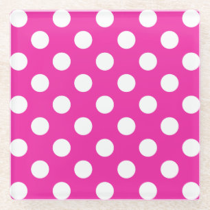 White polka dots on fuchsia glass coaster