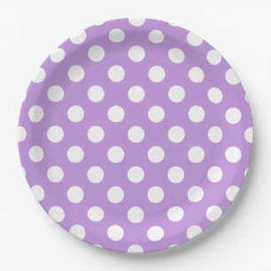 White polka dots on lilac paper plate