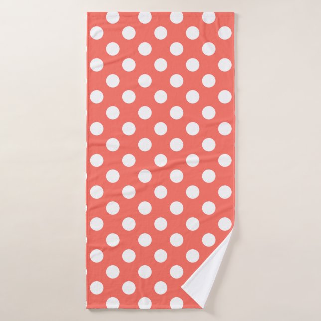 White polka dots on living coral bath towel (Bath Towel)