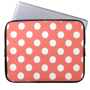White polka dots on living coral laptop sleeve