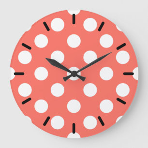 White polka dots on living coral large clock