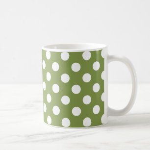 White polka dots on olive green coffee mug