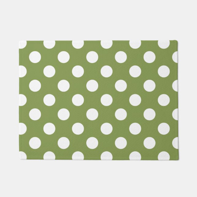 White polka dots on olive green doormat (Front)