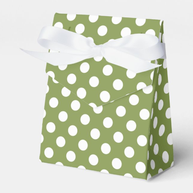 White polka dots on olive green favour box (Front Side)